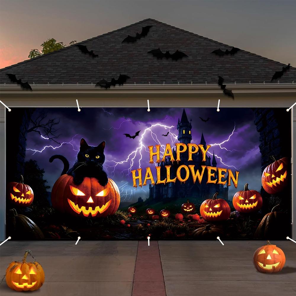 1 Halloween garage party banner - 157.48 inches x 72.83 inches durable polyester featuring black cat and pumpkin designzyc