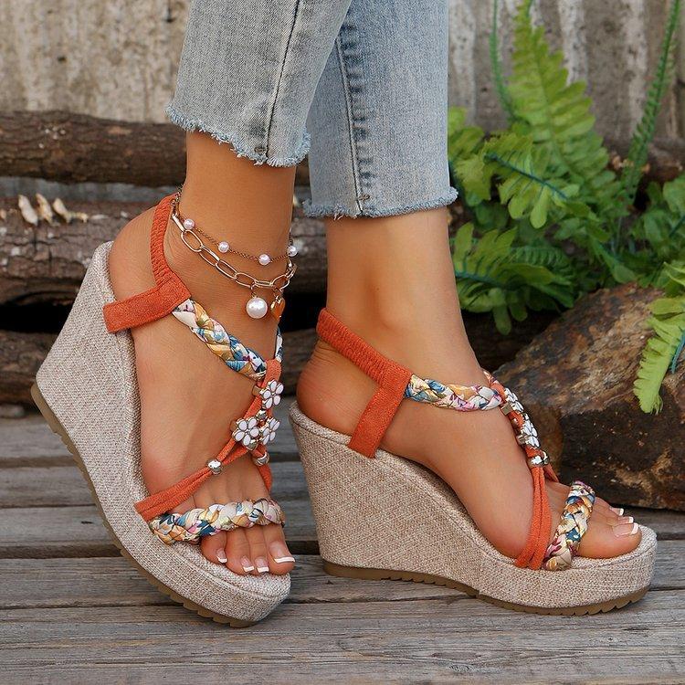 SyfIyno Summer Sandals Women's Fashion Open Toed Knitted Elastic Belt Slope Heel Thick Bottom High Heel Sandals Eleven Styles