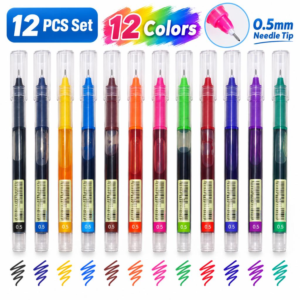 12 Colors 0.5mm Needle Tip Gel Pens Set Multicolor Fine Point Writing Pens for School Study Notes Journaling Office Stationery