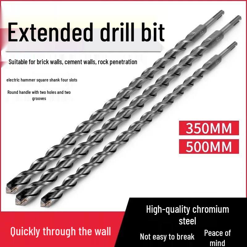 Extended Rotary Hammer Drill Bit Set for Concrete, Stone, and Brick Walls - Alloy, Square & Round Shanks