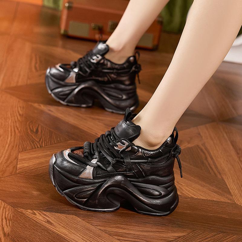 Inner Height Increase Dad Shoes Women's 2025 Spring New Versatile Platform Shoes Retro Old Dirty Shoes 9cm Women's Shoes