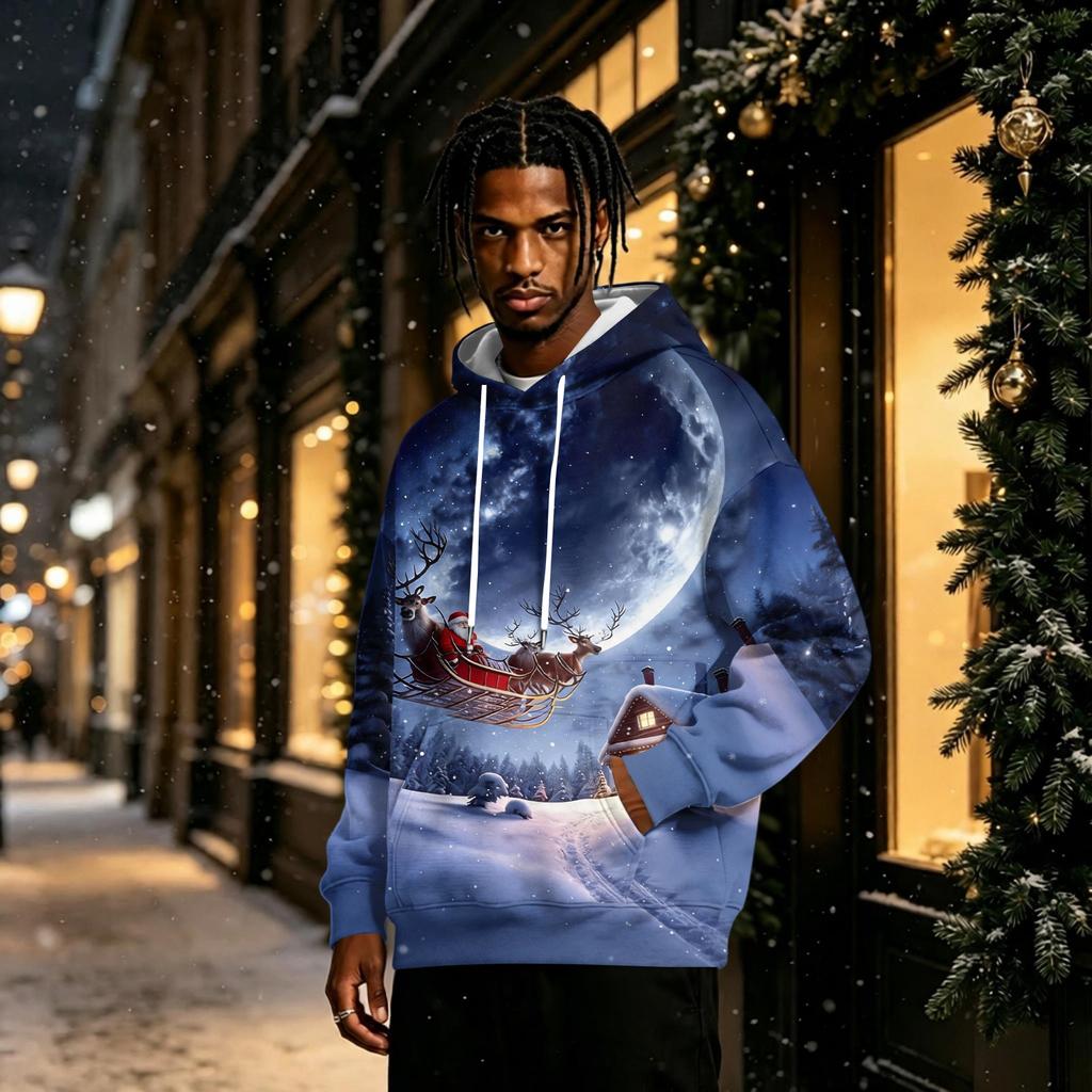 Men's Christmas Print Lined Pullover Hoodie Long Sleeve Sweatshirt