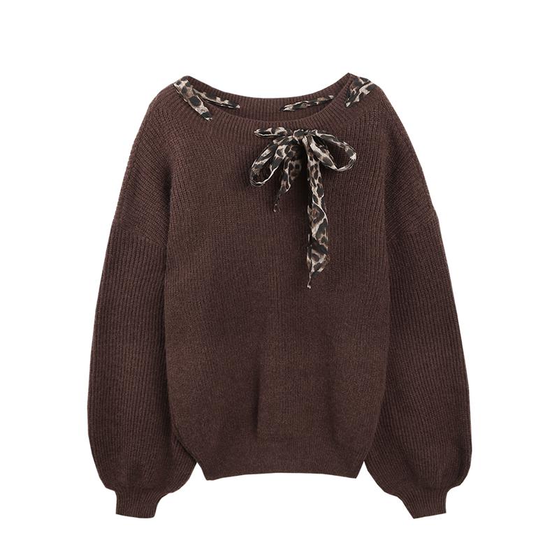 

Женский свитер на шнуровке с леопардовым принтом, однотонный вязаный пуловер, женская осенняя верхняя одежда, свободный корейский топ XL коричневый