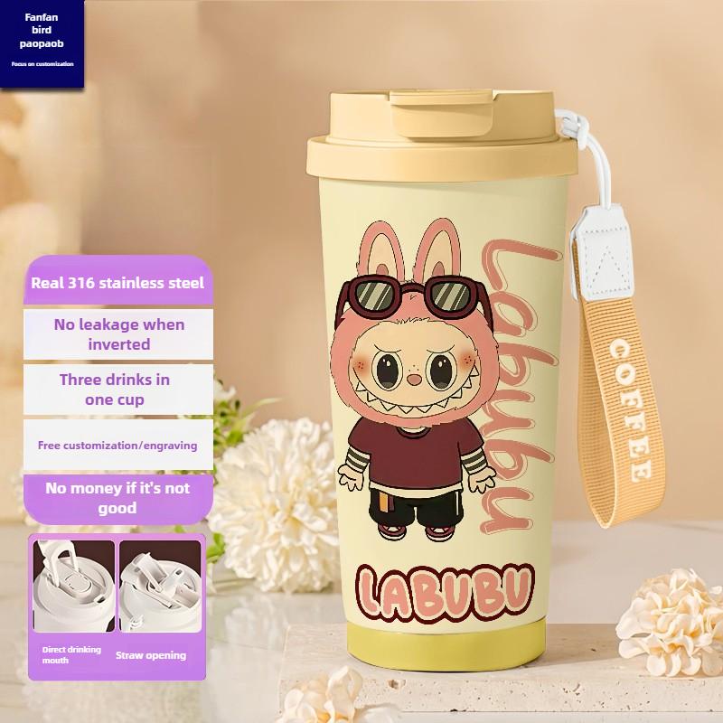 Tecknad Rostfri Stålkopp Högvärdig Termosmugg 3D Dubbel Drickstrå Kaffekopp