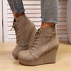 Autumn New Large Size Round Head Wedge Heel Velvet Warm Lace-up Short Boots European and American Thick-soled Boots