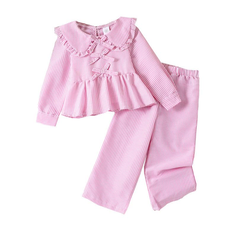 Girls' Toddler Outfit New Autumn Korean Style Doll Collar Long Sleeve Top Striped Pants