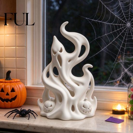 Creative Window Ornament Halloween Flame Ghost Figurine, 3D Printed Spooky Sculpture Fantasy Desktop Accessory with Pumpkins, Abstract Statue