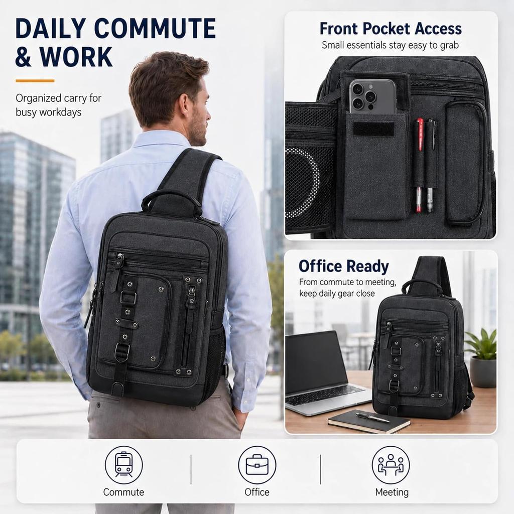Cross Body Bag for Men: Large Canvas Sling Backpack Messenger Bag Fits 15.6 Inch Laptop for Work Commute