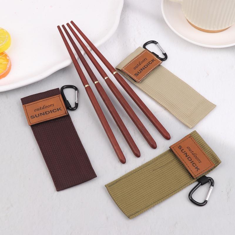 Mahogany Folding Chopsticks Outdoor Camping Picnic Travel Tableware Non-Slip Dinnerware Chopstick With Storage Bag Carabiner