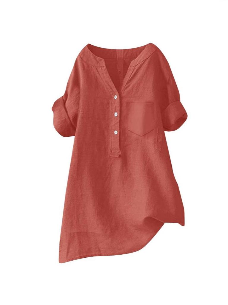 Europäisches und amerikanisches Langarm-Top aus Baumwoll-Leinen mit Stehkragen und Knopfleiste (Modelljahr 2025)