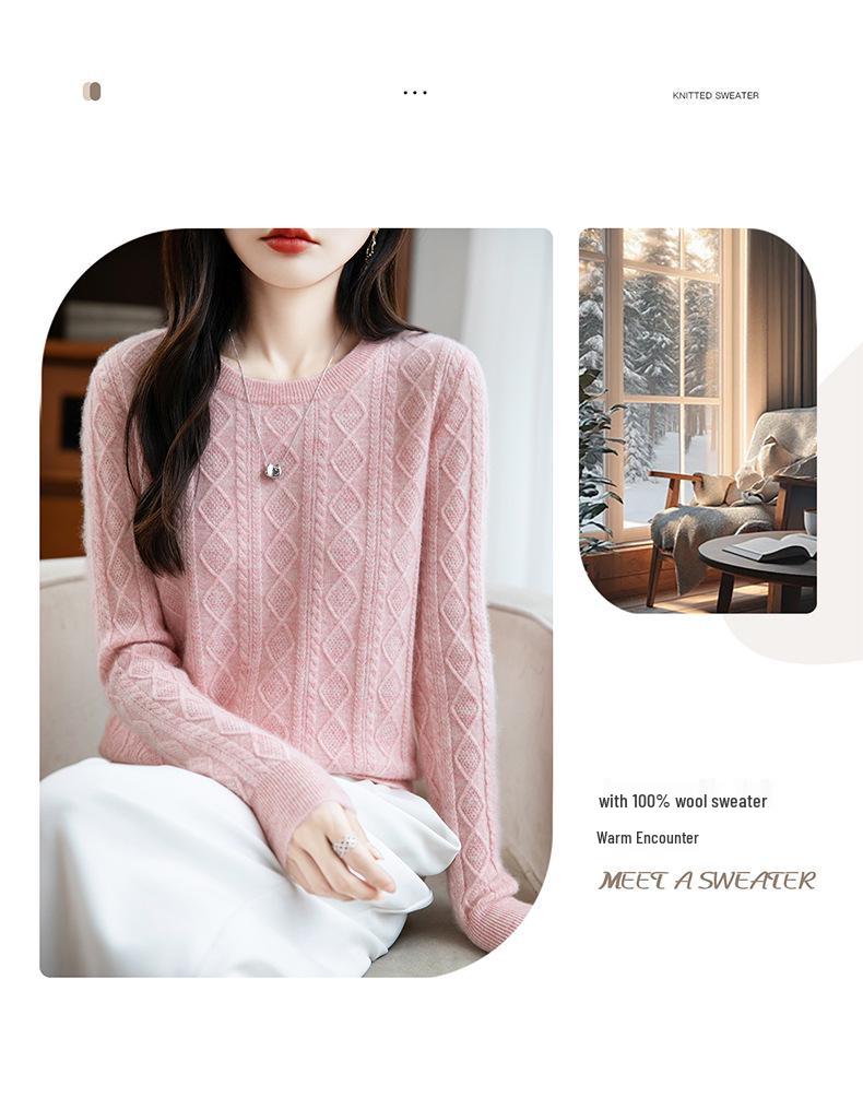 Australian Women's Retro Loose Wool Sweater - Diamond Cable Knit, Round Neck, 100% Pure Thick Wool, Autumn/Winter Collection