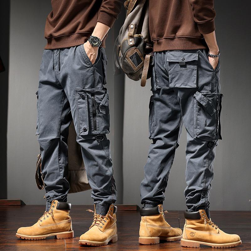 Men multi flap pocket cargo jogger pants drawstring ankle solid army green outdoor street casual trousers