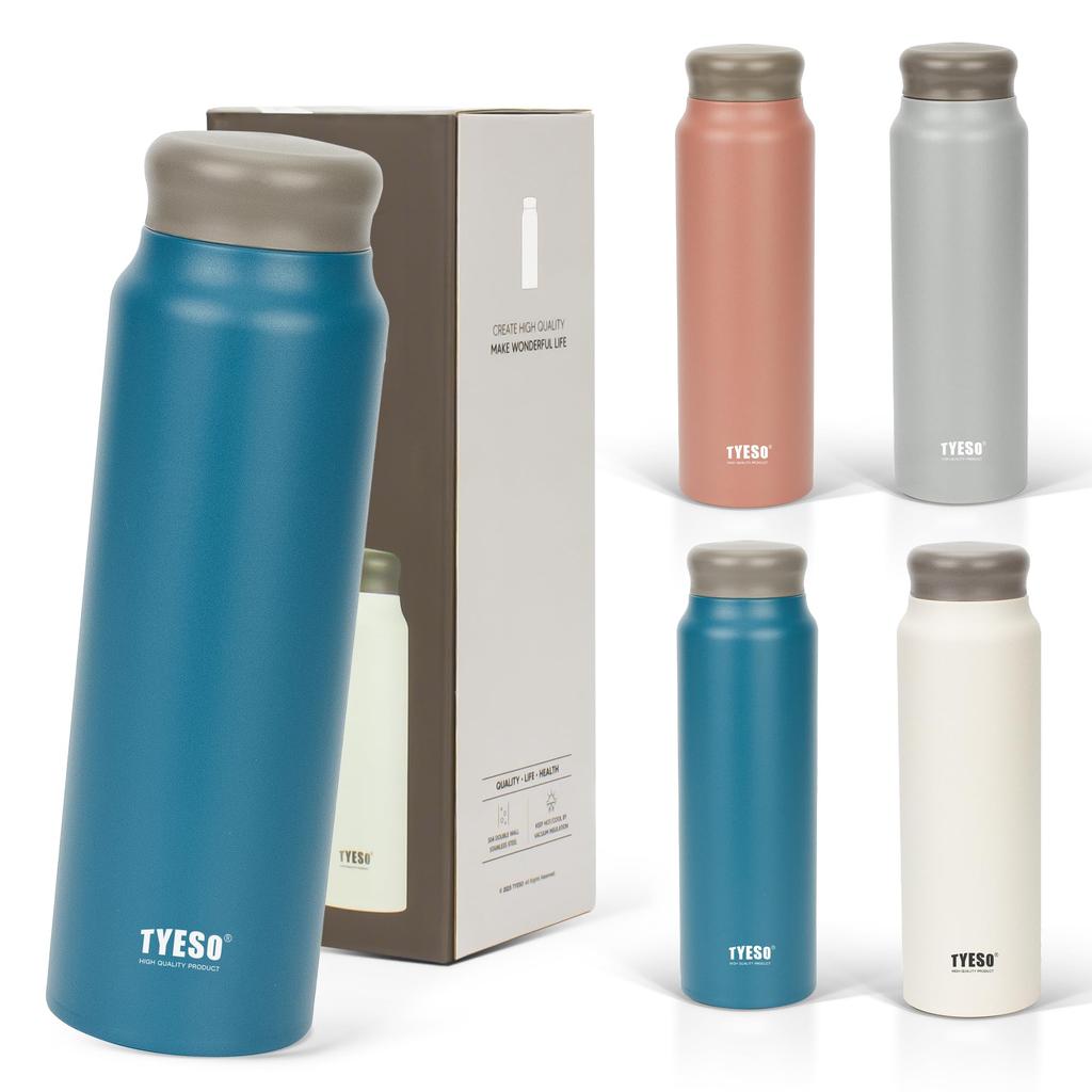 TYESO Lightweight Slim 800ml Thermos Water Insulates Hot or Cold Vacuum Stainless Double Wide Ideal for Home and Office Adults and Dark Blue Bottle,