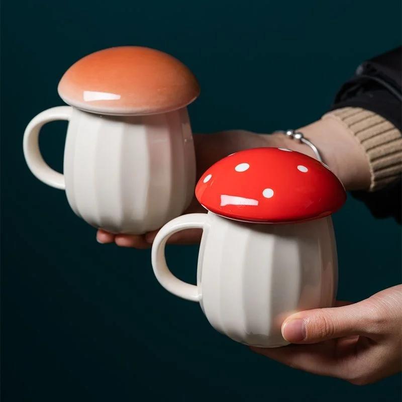 New Style Cartoon Mushroom Theme Water Bottle Mug Cup Ceramic Material Milk Coffee With Lid Fairy Tale