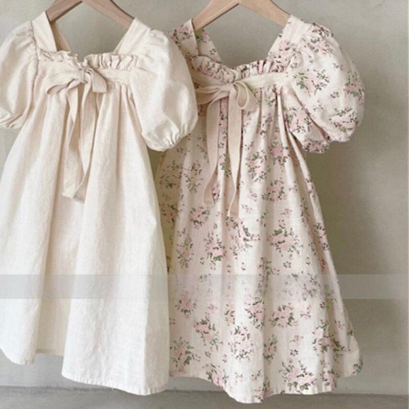 Rochie de prințesă florală coreeană: Fusta cu fundă cu mâneci bufante pentru fetiță