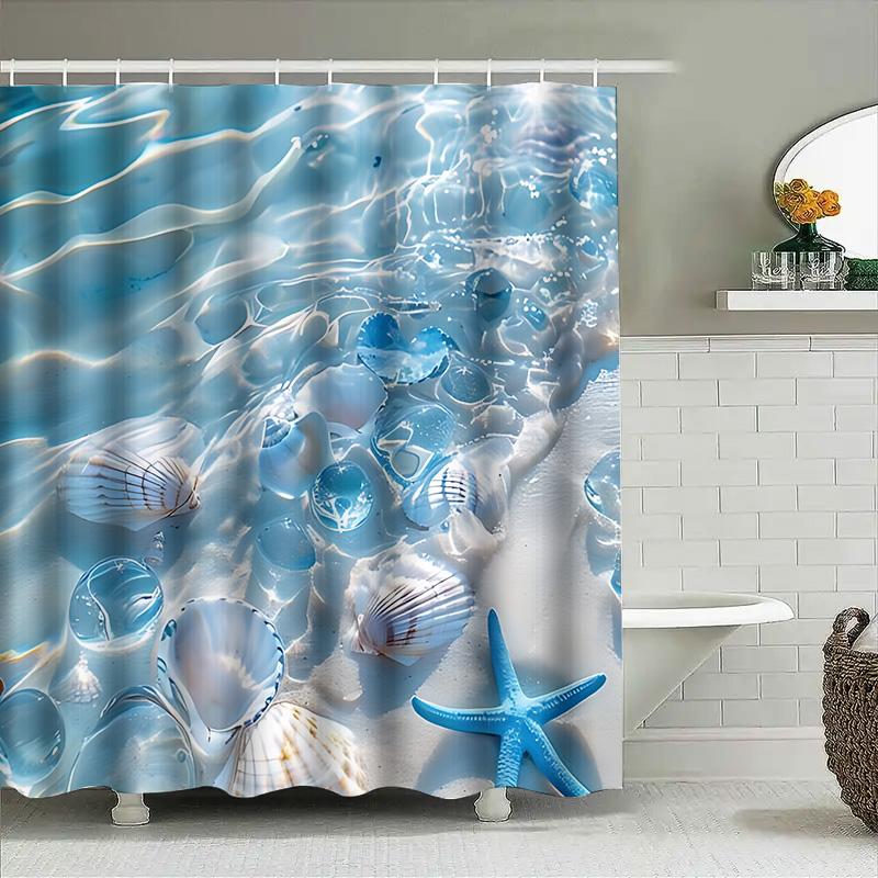Zasłona prysznicowa o tematyce plażowej z muszlami i niebieską rozgwiazdą - efekt akwareli do wystroju domowej łazienki Podnieś przestrzeń