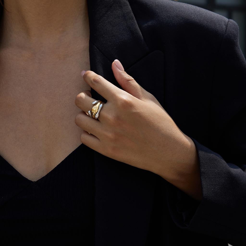 Youthway Fashionable Color-Block Design Smooth Irregular Ring Stainless Steel  Gold Color Multi-Layer Women'S Waterproof Ring