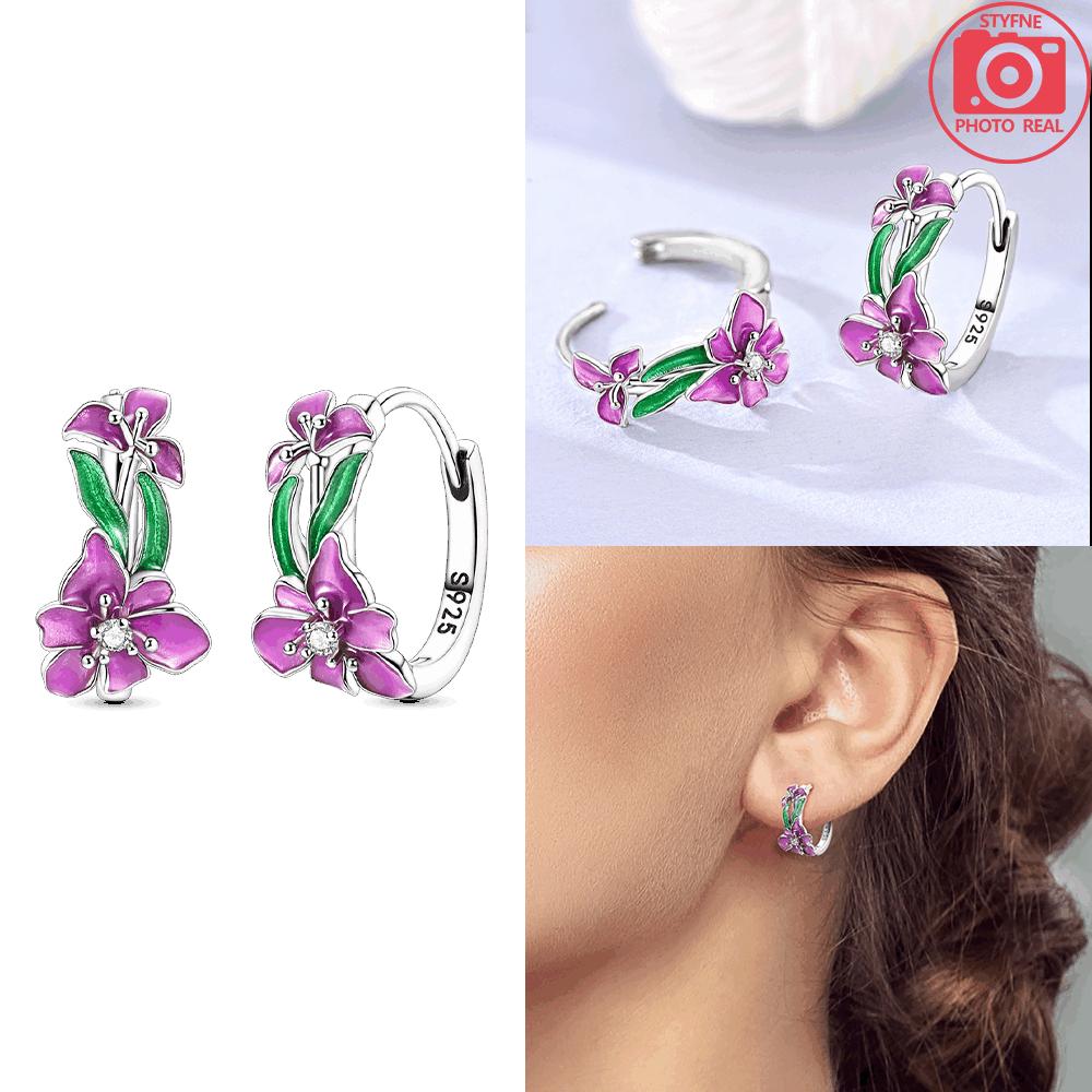 925 Silver Purple Iris Flower Stud Earrings Fringed Tassels Star Heart Earrings Woman's Accessory Jewelry Gift