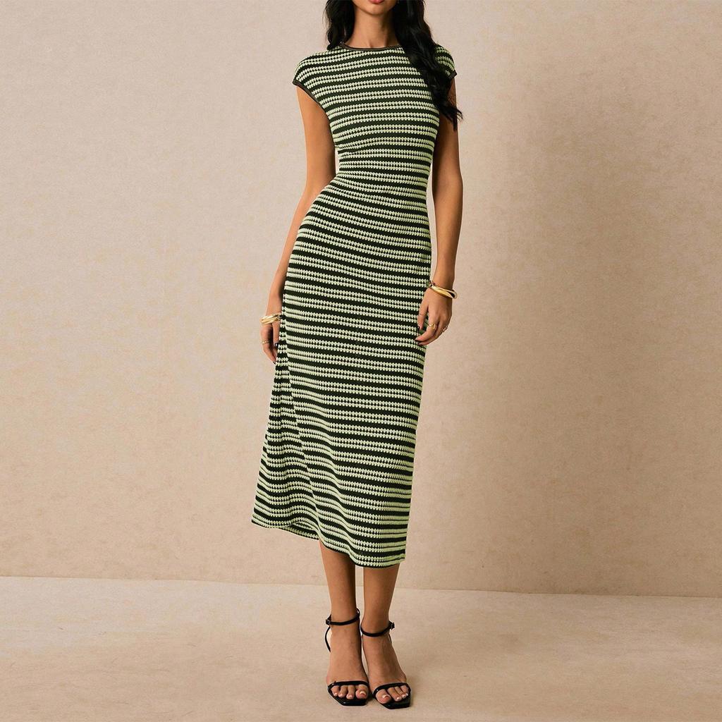 Women's Fashionable Casual Color Blocked Striped Waist Cinched Round Neck Short Sleeved Long Dress