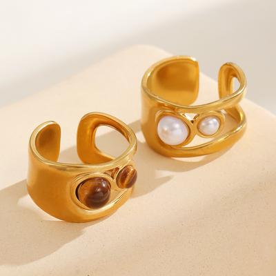 Gold Plated Stainless Steel Hollow Irregular Tiger Eye Stone Ring for Women Light Luxury Pearl Rings Fashion Jewelry Gifts