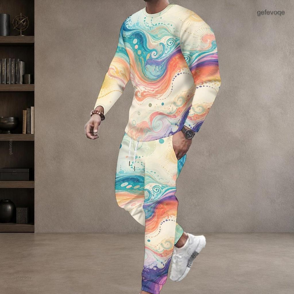 Men Plus Size Black Teal Gold Printed Two Piece Set Round Neck Long Sleeve Top Cuffed Pants