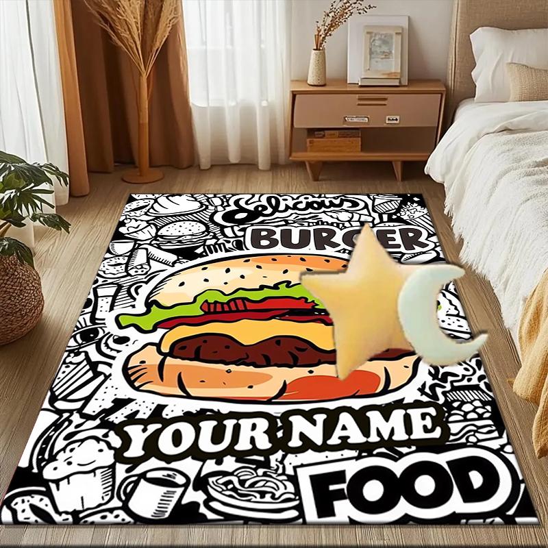 1PC Custom Name Delicious Burger Artwork Theme Floor Mat Ideal for Living Room, Game Rooms, Office, Bedroom, Floor Mat Playful Design
