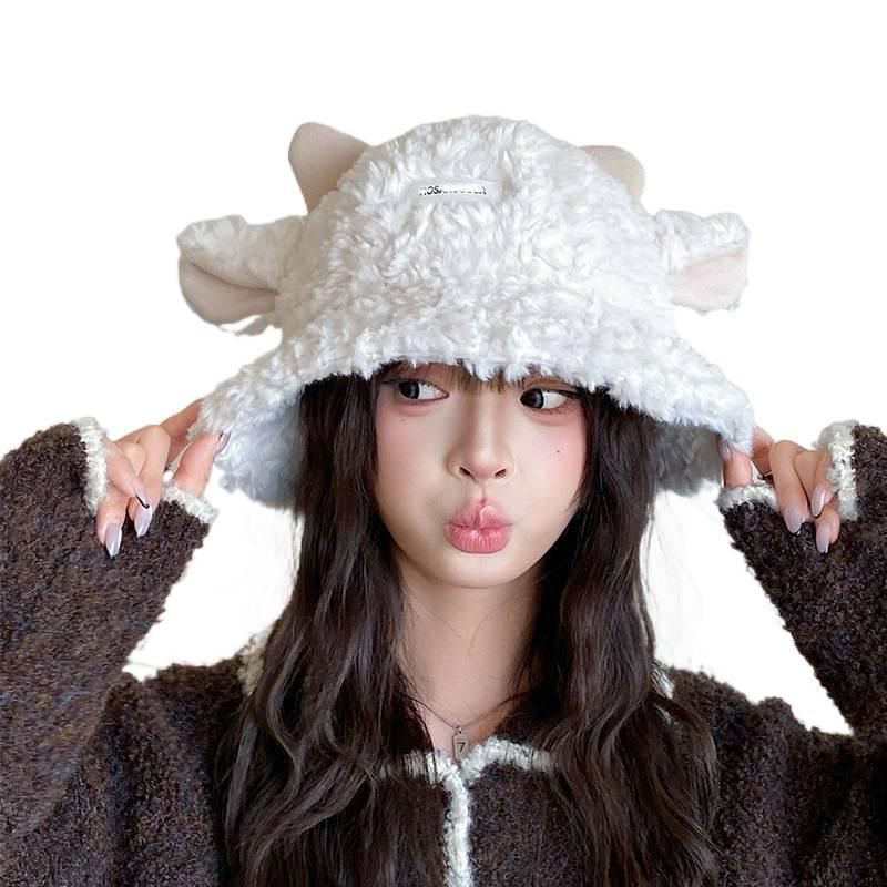 Women's Autumn and Winter Fisherman Hat, Korean Style Versatile Bucket Hat That Makes the Face Look Smaller, Lamb Wool Plush Hat, Japanese Cute Warm