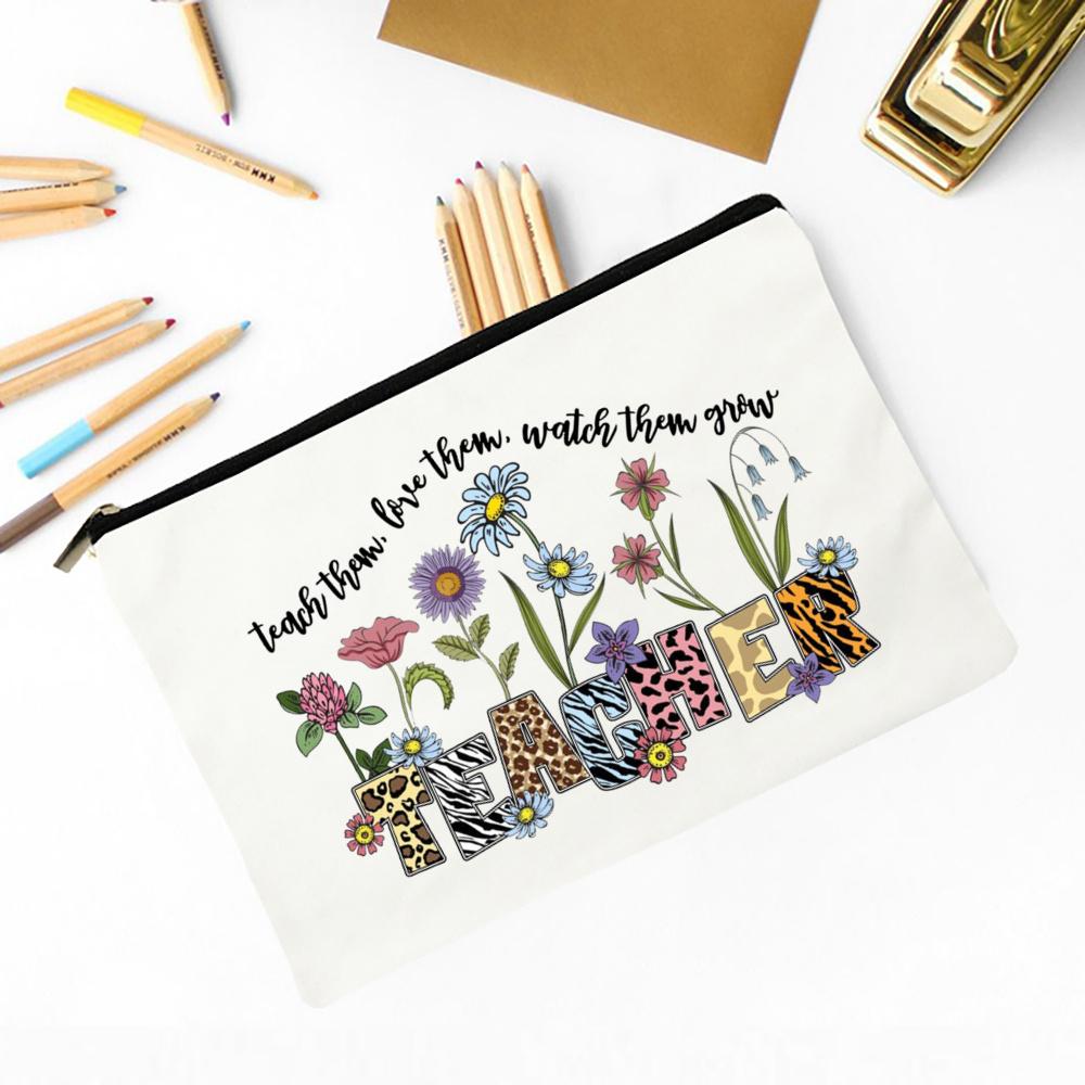 Teacher Flower Print Pencil Case Travel Makeup Bag School Stationery Supplies Storage Bags Wash Pouch Cosmetic Bags Teacher Gift