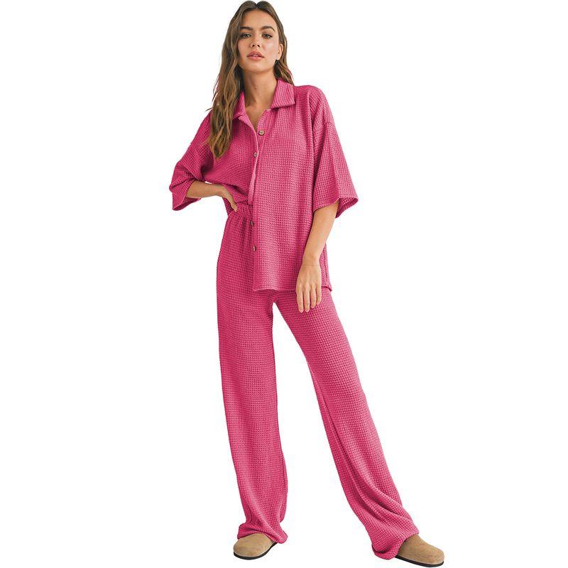 

American Shiying Comfortable Fashion Home Set Women 2025 Summer New Short sleeve Shirts Trousers Two-piece Set Rose Red P6 Size S fit (45.00 kg-55.00 kg