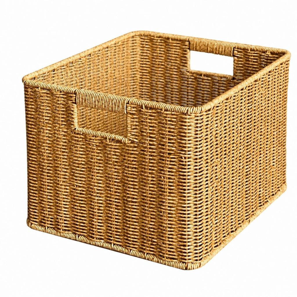 Lightweight Rattan Finish Storage Basket Organizer with Side Handles for