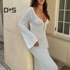Women Beach Dress Low cut V Neck Knitted Hollow Out V shaped Back Elastic See through Summer Vacation Beachwear Bikini Coverup Swimsuit Maxi Dress