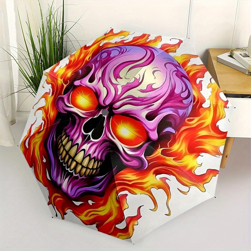 1pc Flaming Skull Pattern Umbrella, Fashionable, Personalized, High-Value Folding Umbrella, a Must-Have for Summer, 8-Rib Durable Iron Frame, Tri