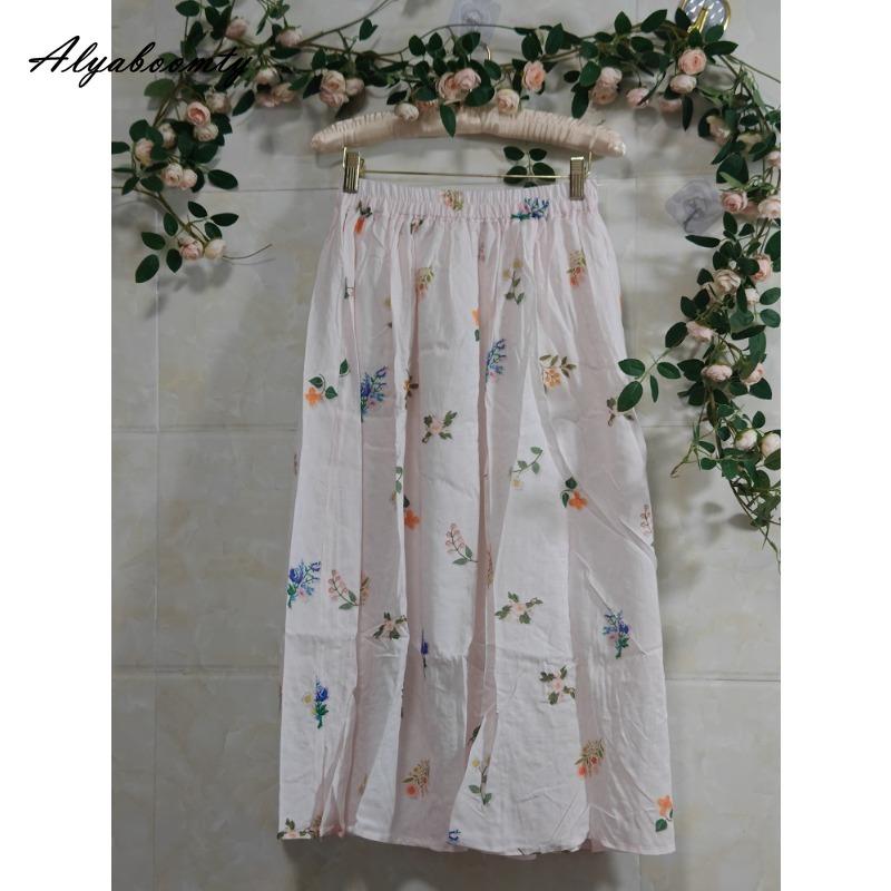 Prairie Chic Spring Summer Women Midi Skirt Elastic Waist Light Pink Floral Print A-Line Skirt Elegant Feminine Sweet Skirts Womens