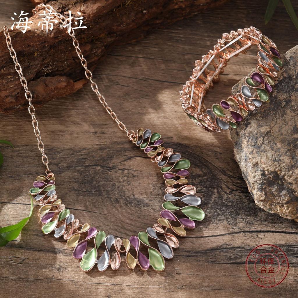 Neues Farböl-Gemälde geometrisches Blumenarmband Halskette Set, modische und hochwertige Damen-Bankett-Accessoires