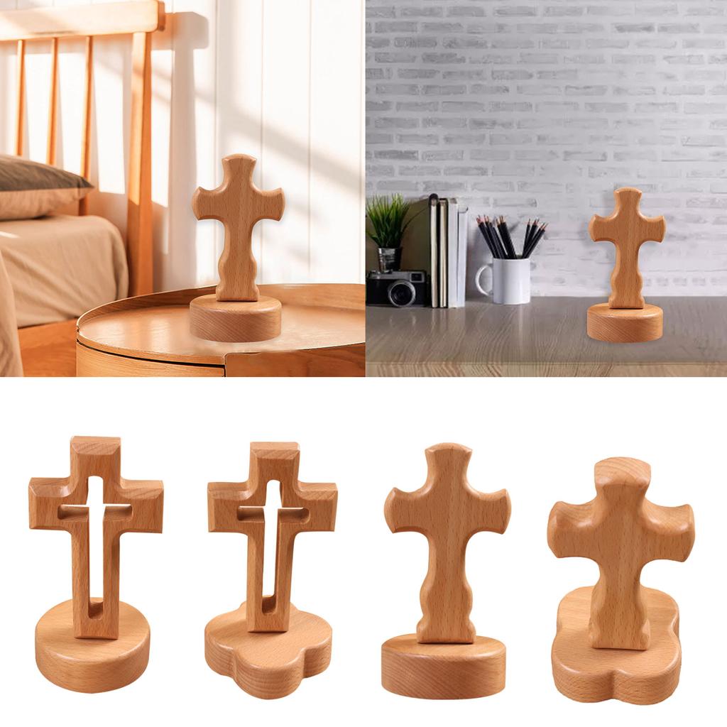 Wood Cross Ornament with Bottom Holder Decorative Figurine Decoration for School Office Bedroom Tabletop Decoration