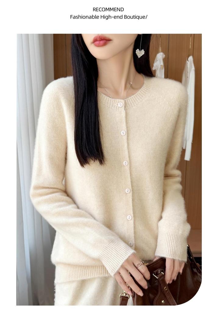 Autumn/Winter Pure Wool Seven-Stitch Crew Neck Cardigan - Thick, Long Sleeve, Solid Color, Skin-Friendly Knit Sweater