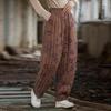 Women Vintage Print Floral Straight Pants Elastic Waist Trousers Winter Warm Plus Cotton Long Pants