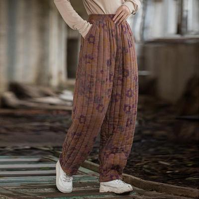 Dámské kalhoty Vintage Print Floral Straight Kalhoty s elastickým pasem Zimní teplé plus bavlněné dlouhé kalhoty