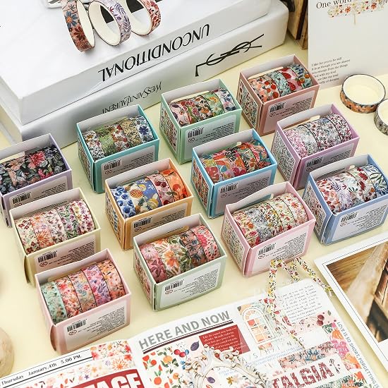 YUBX Masking Tape 60-Roll Set, Blooming Flower Pattern Washi Tape Collection, Cute Thin Strips for D