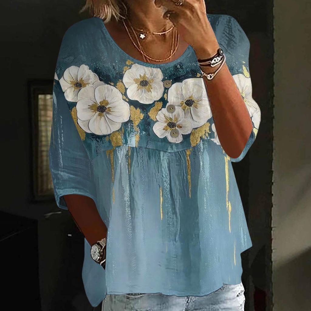 Women's Fashion Casual Three-quarter Sleeve Loose Round Neck Button Floral Print Top