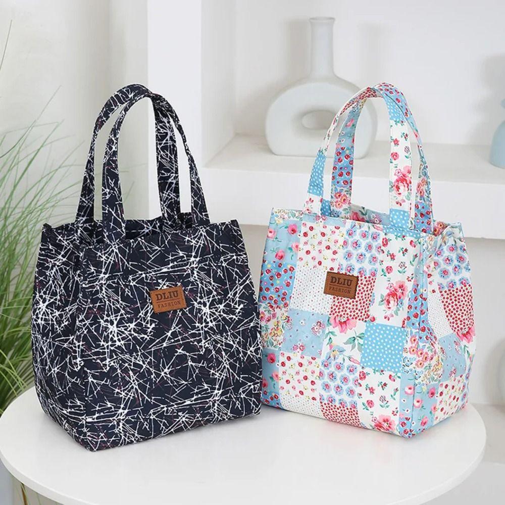 Portable Floral-printed Lunch Box Bag Large Capacity with Zipper Lunch Tote Bag Nylon Picnic Lunchbox Bag