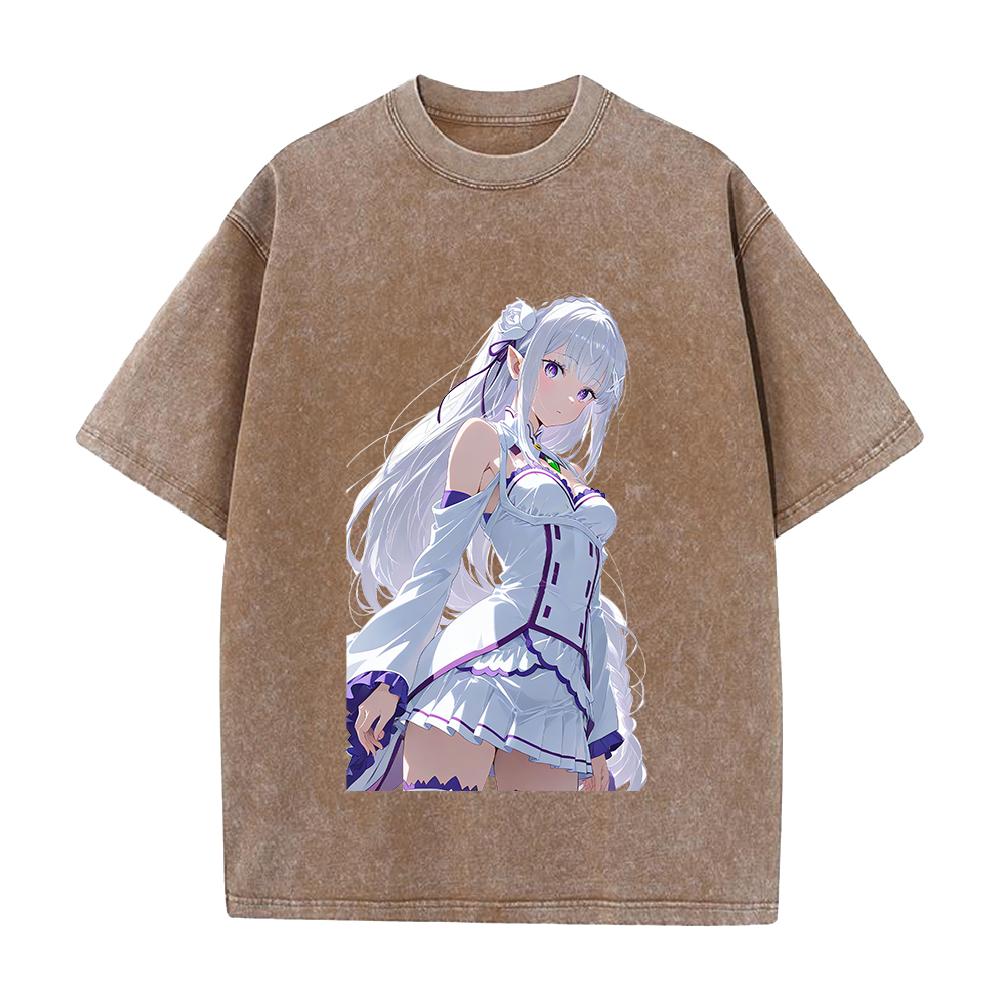 Manga Re ZERO Starting Life in Another World Emilia Printed Tee Men Women Washed Cotton T-shirt Vintage T Shirt Harajuku Tshirt