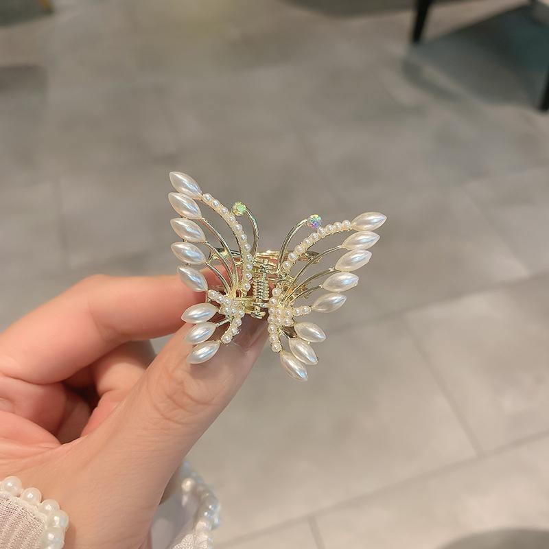 Elegant Faux Pearl Hair Clip Women High Ponytail Small Butterfly Catch Clip Side Clip Back Head Plate Girls Hair Accessories