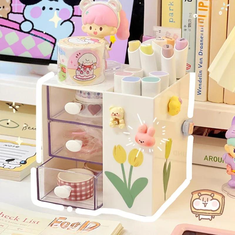 Kawaii Desk Pen Holder Pencil Storage Box Desktop Stationery Ins Organizing Box Cute Drawer Pen Holder MultiFunctional Organizer