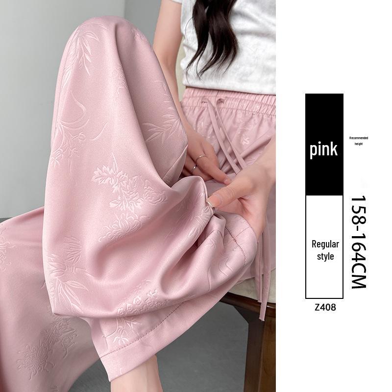 Spring 2025 New Chinese Jacquard Satin Wide-Leg Ice Silk Pants – Women's Popular Casual Style