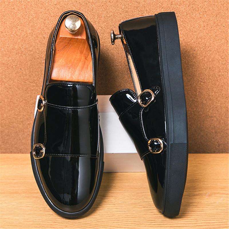 Fashion Fashion Men's Pointed Glossy Black Monk Strap Loafter Leather Casual Shoes Male Formal Wedding Dress Homecoming Zapatos Hombre