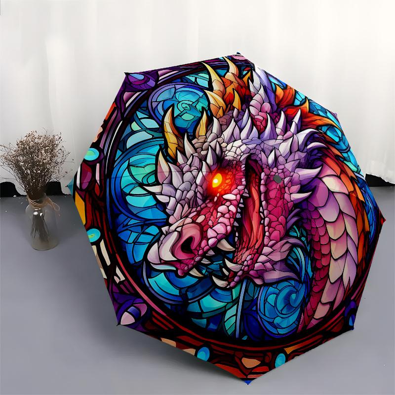 Stained Dragon Wall Art: Vibrant Fantasy DecorUmbrella, Portable 3-Fold Compact Umbrella,Christmas Gift ES476
