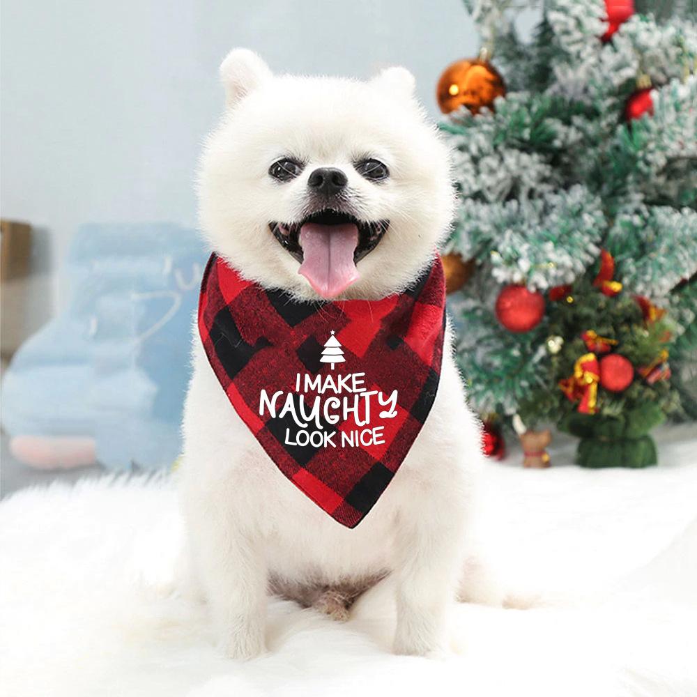 Santa's Little Yelper Printing Dog Christmas Bandanas Pet Christmas Gift Xmas Dog and Cat Bandanas Plaid Triangle Scarf Bibs