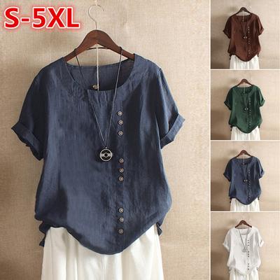 Plus Size Women Loose Casual Tops Button Linen Daily Boho Tunic T-shirt Short Sleeve Blouse