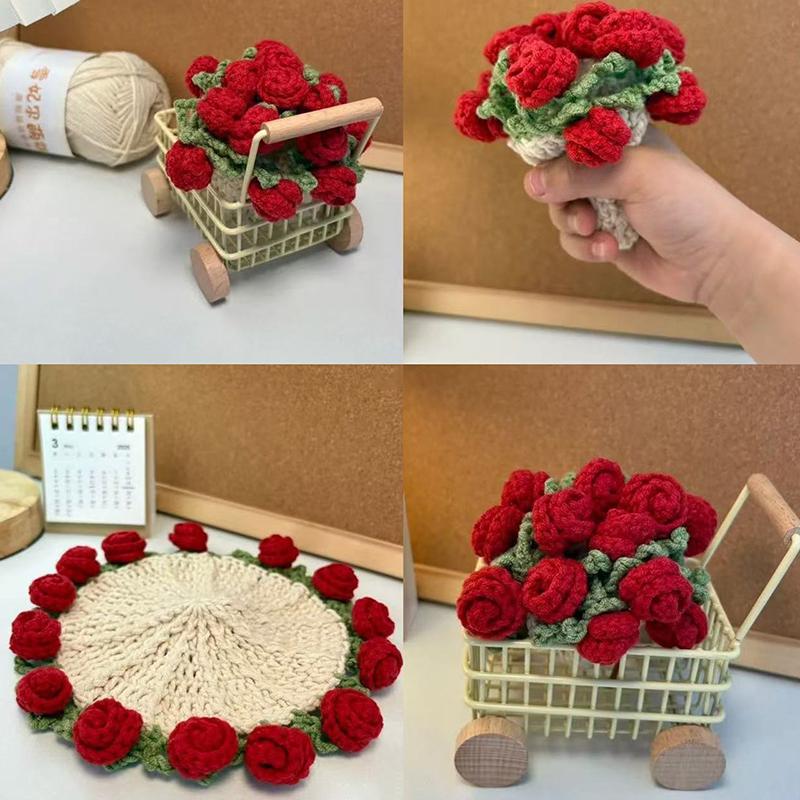 Rose Bouquet Coaster Crochet Flower Placemat Hand Woven Bouquet Cupmat Home Desktop Potted Plant Ornaments Mother'S Day Gift